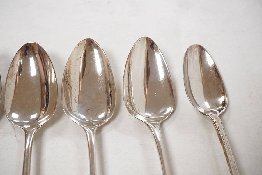 Two pairs of George III silver Old English pattern table spoons, Smith & Fearn, London, 1796 and Soloman Hougham, London, 1800, both approx. 22.2cm, together with a George III silver fiddle pattern basting spoon, Richard